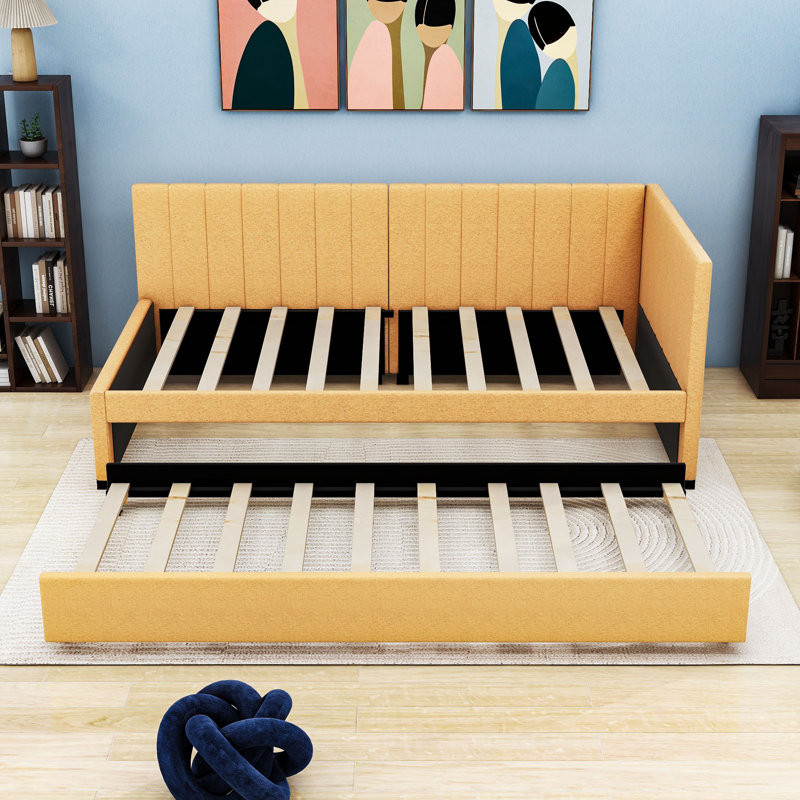Linen Upholstered Daybed with Twin Trundle, Twin, Yellow
