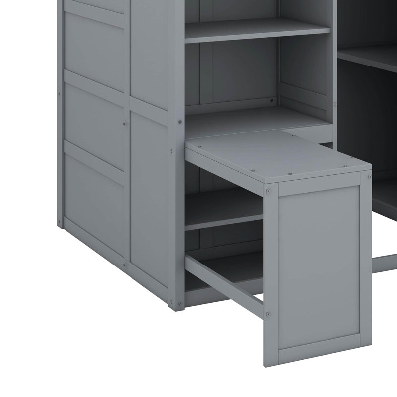 Lit mezzanine double avec garde-robe, bureau et tablettes, Gris