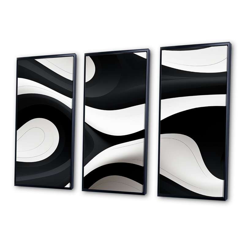 Orka Flows Minimal Black White - Waves, ensemble de reproduction d'art mural, H 28 po x l 36 po x P 1 po, Cadre flottant noir