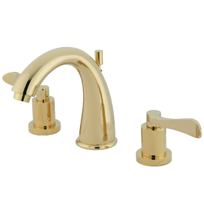 Kingston Brass NuWave Two-Handle 3-Hole Deck Mount Widespread Bathroom Faucet with Brass Pop-Up Drain, Polished Brass