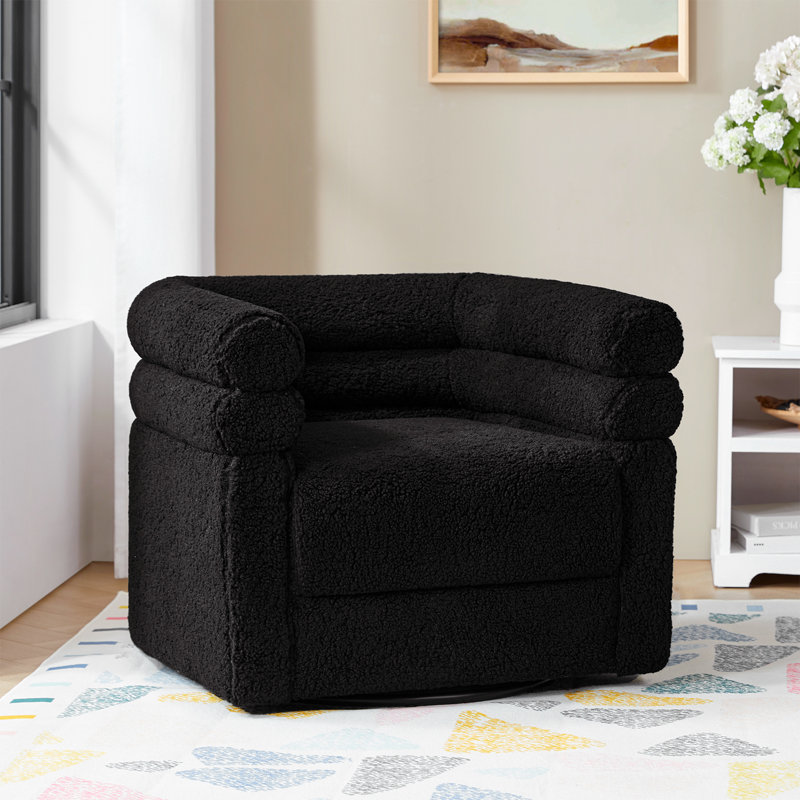 Rakin Modern Boucle Swivel Barrel Chair with One Accent Pillow, Black Polyester