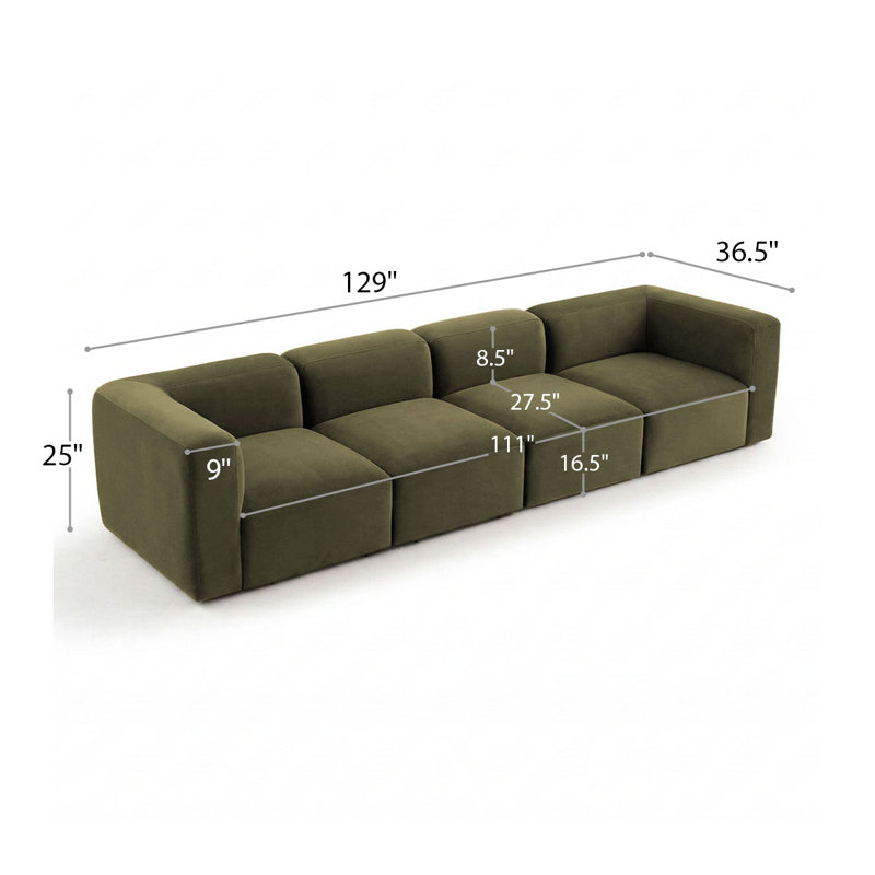 Canapé modulaire surdimensionné en velours performant de 129 po à assise profonde 129 po, Vert olive