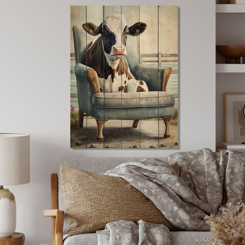 Vache Smelterville sur une chaise I - impression sans cadre sur bois, H 20 po x l 12 po x P 1 po