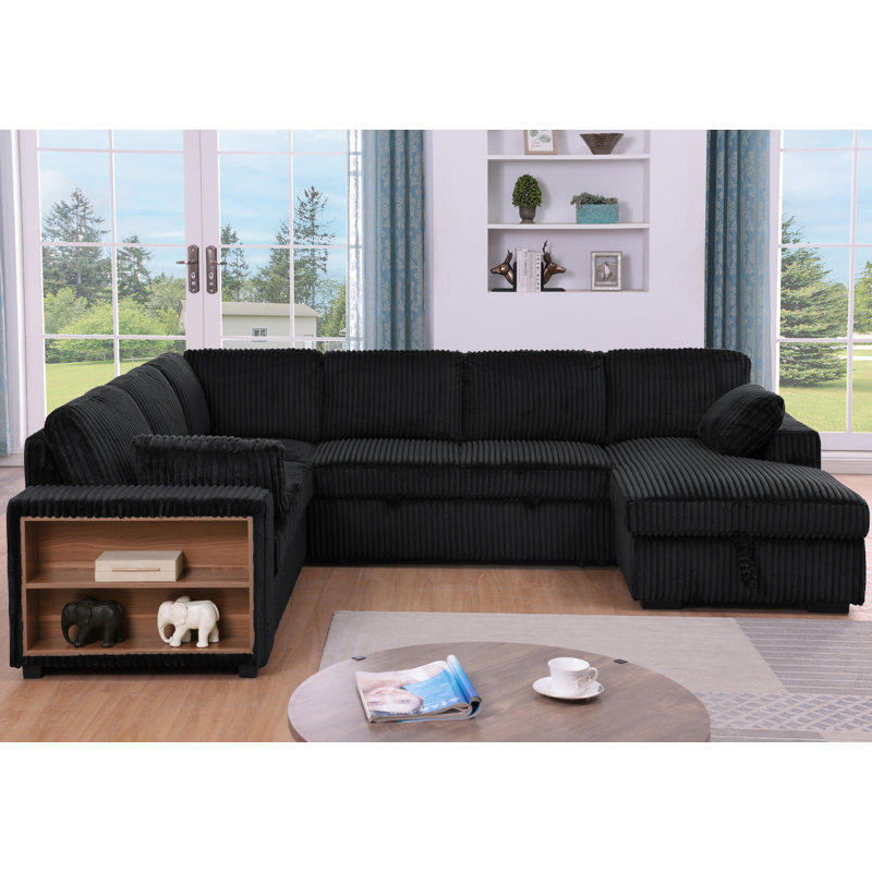 Sleeper Sectional Sofa with Pull-Out Bed, Storage Armrest, Right-Facing Storage Chaise, Black Corduroy