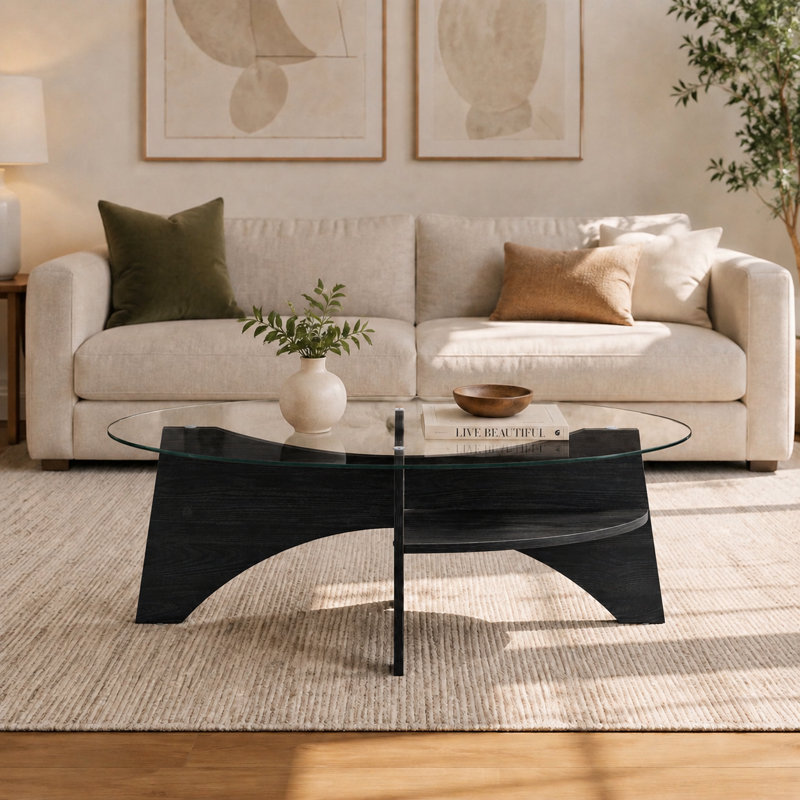 Table basse ronde moderne en verre trempé avec base en éventail et tablette de rangement ouverte, Transparent/noir