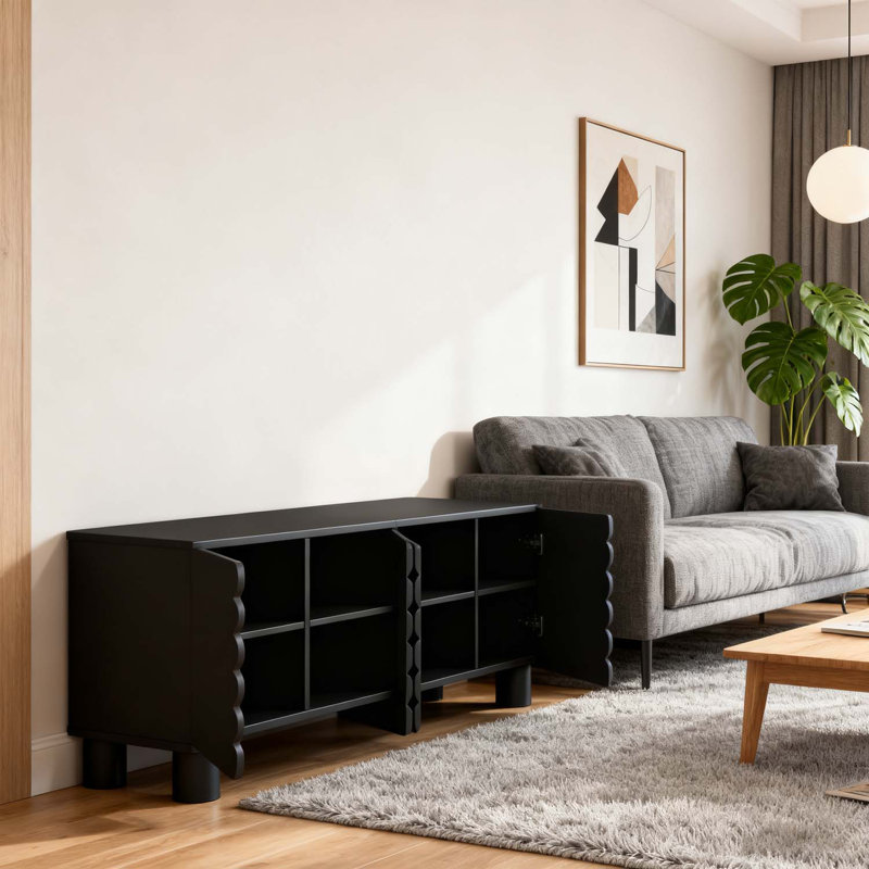 Media Console Table With Cylindrical Legs And Cable Holes For Living Room, Black