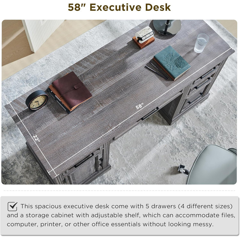 Ohana 58'' W Rectangle Computer Desk with Storage Cabinet and Drawers, Workstation for Office Home, Gray