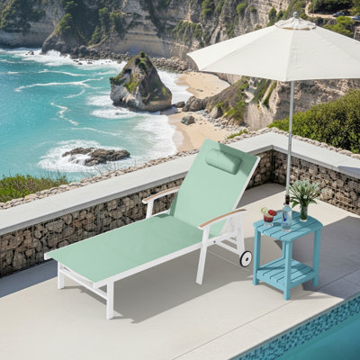 Outdoor Patio Adjustale Chaise Lounge Chair With Wheels And Armrests
