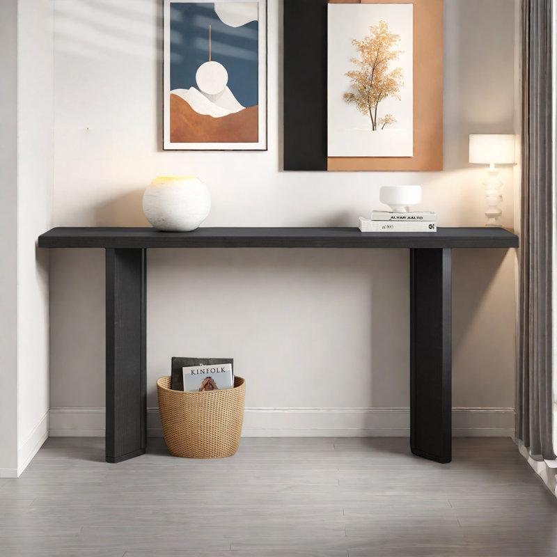 Console moderne avec structure de forme géométrique et grain de bois, Noir