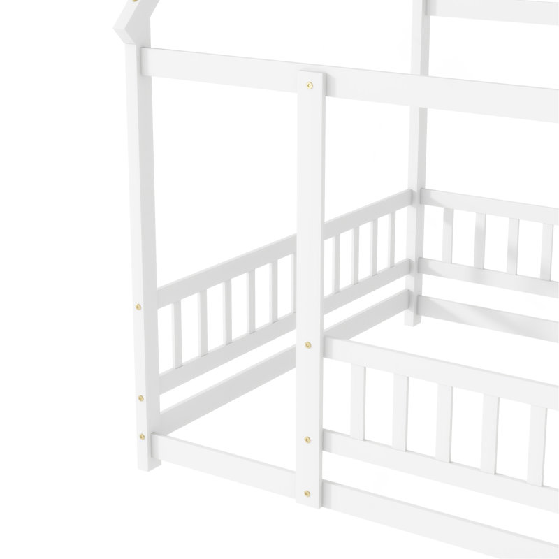 Lit double en bois pleine grandeur avec structure de toit, barrières de sécurité, blanc, Lit double, Blanc