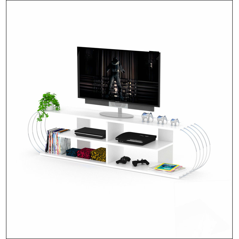 FurnisHome Store Mid Century Modern Tv Stand 4 Shelves Open Storage Entertainment Centre 68 inch Tv Unit, Chrome