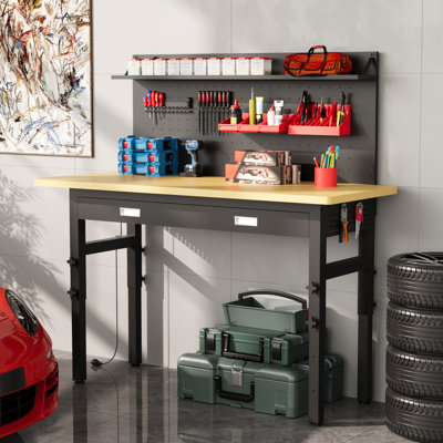 Établi réglable de 60 po avec tiroirs, bancs de travail pour garage avec panneau perforé, plateau de table en bois d'hévéa robuste de 2000 lb avec prise de courant, table de travail roulante avec roues pour atelier, bureau