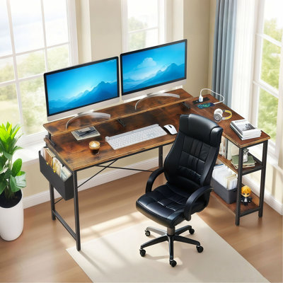 Bureau de jeu 47 po avec prises de courant, bureau d'ordinateur en L réversible avec support pour moniteur et tablettes de rangement, bureau de coin avec sac latéral pour bureau à domicile, chambre à coucher, petit espace