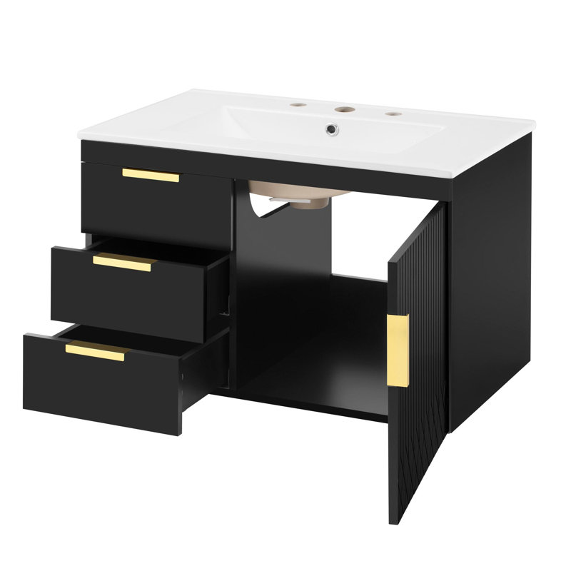 Ensemble d'armoire de salle de bain murale avec lavabo en céramique, Noir