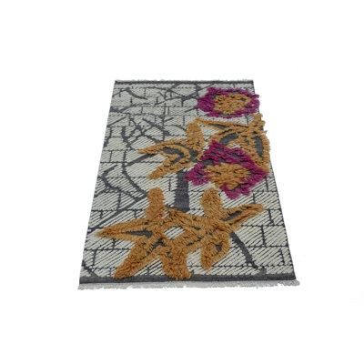 Tapis ivoire / orange en laine noué à la main de conception unique 3 pi 11 po x 6 pi 5 po Camelford