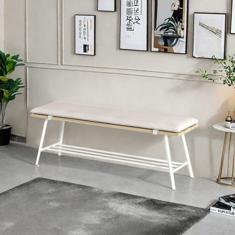 47.2in Wrought Iron Frame Shoe Storage Bench, White/Natural Wood