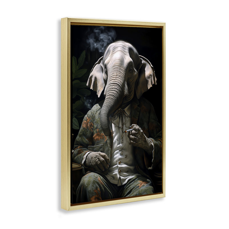 Toile flottante encadrée «Elephant Smoking» par r3darch0n, Cadre flottant métallique doré, H 25 po x l 17 po