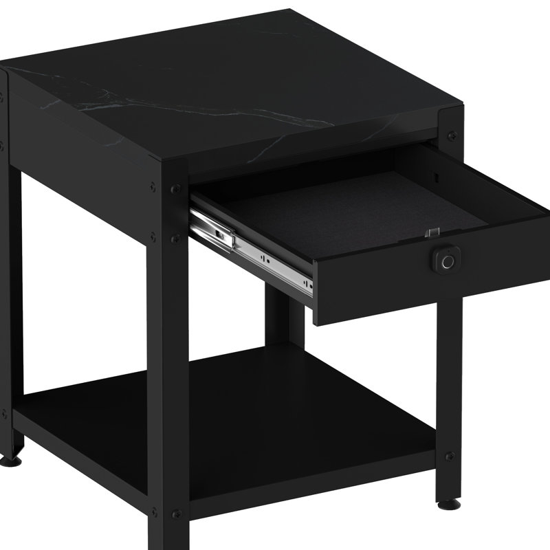 Table basse carrée double couche carrée avec compartiment caché et sécurité d'empreintes digitales, motif en marbre noir, parfaite pour les espaces de vie dans les maisons d'appartements, avec des matériaux confortables, 19,09
