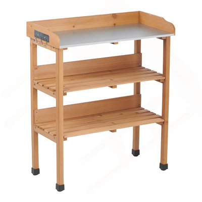 30″X14.5″×35.5″ Potting Table W/Metal Tabletop, 3 Layers Outdoor Work Bench W/Hook For Garden, Solid Wood Workstation For Garage