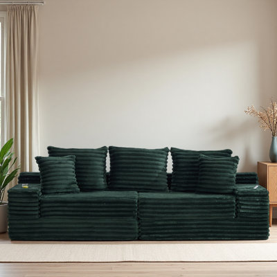 Très grand canapé sans siège à quatre places avec porte-gobelet et poches latérales, canapé-lit rembourré en velours côtelé avec 3 coussins, 2 coussins lombaires. Salon, chambre à coucher, sans assemblage, matériau respirant