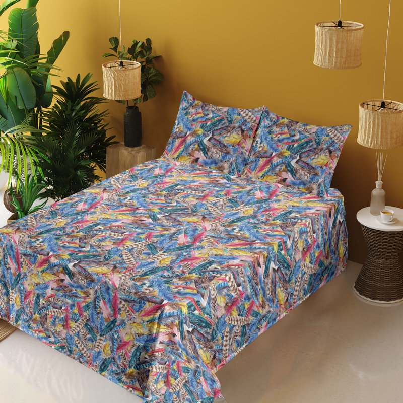 Ambesonne Feather Pattern Sheet Set 4 Pcs Colorful Fuzz Print Dark Lavender Multicolor, King Sheet Set with 2 Pillowcases
