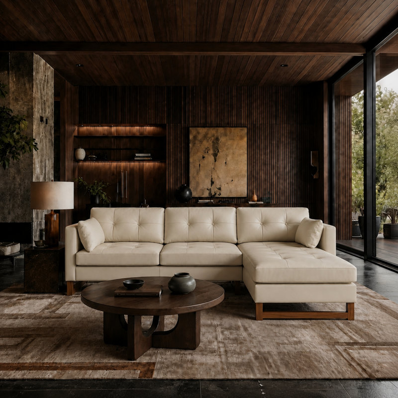 Canapé modulaire réversible Mid-Century en cuir véritable L 101 po Amando, Cuir véritable beige