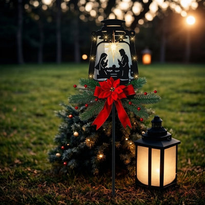 Solar Lighted Nativity Scene Garden Stake, Outdoor Metal Christmas Nativity Set with 9 LED Lights, Manger Scene Silhouette with Palm and Stable Design, Holiday Decor for Garden Yard Lawn Porch, Red