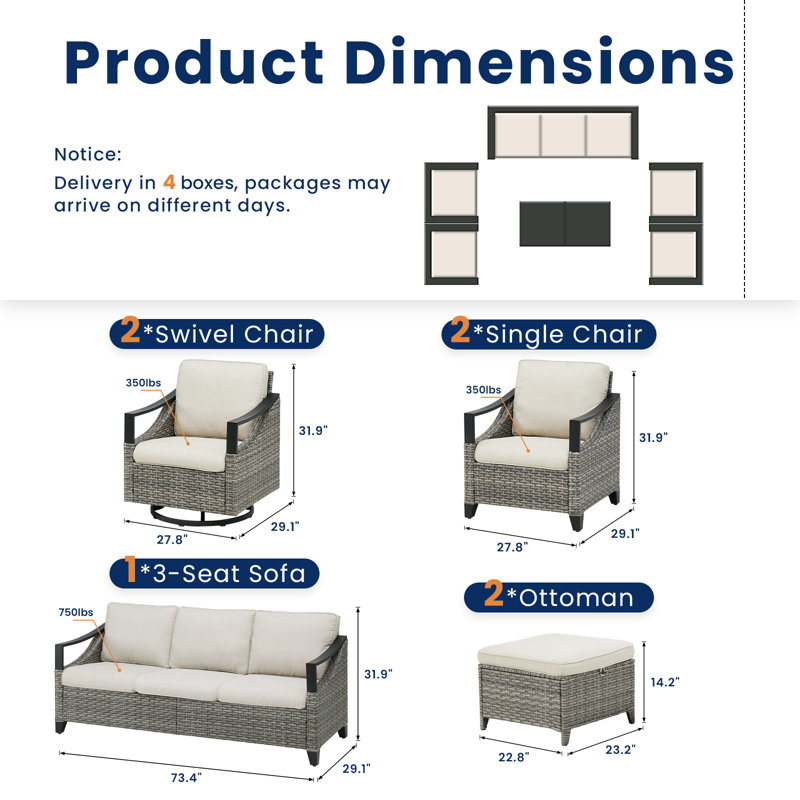 Ensemble de conversation d'extérieur pour 7 personnes avec coussins Brisna, Beige
