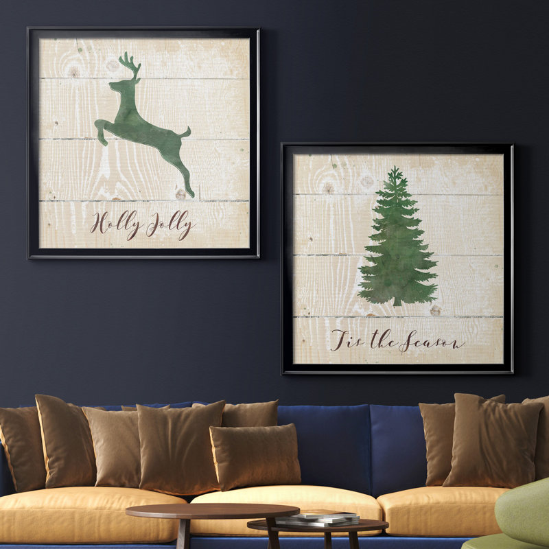 Holly Jolly Reindeer - ensemble de 2 reproductions d'art encadrées, H 17,5 po x l 35 po x P 1,5 po, Pas de tapis