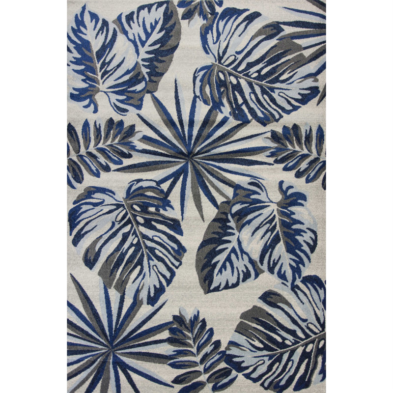 Tapis bleu et gris à feuilles botaniques 3 pi x 5 pi Cullan, Rectangle 3 pi x 5 pi