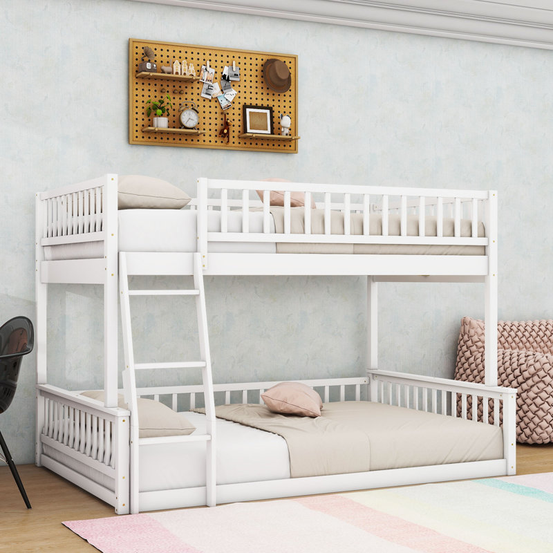 Wood Frame Bunk Bed With Ladder And Guardrails, White