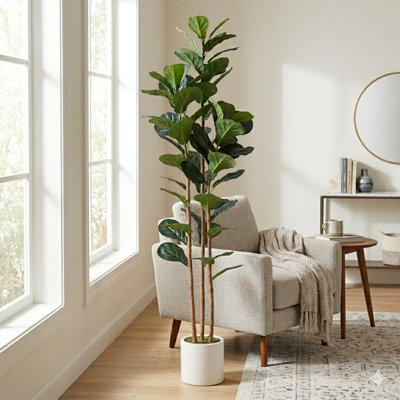 6ft Artificial Fiddle Leaf Fig Tree with Natural Wood Trunks in White  Pot