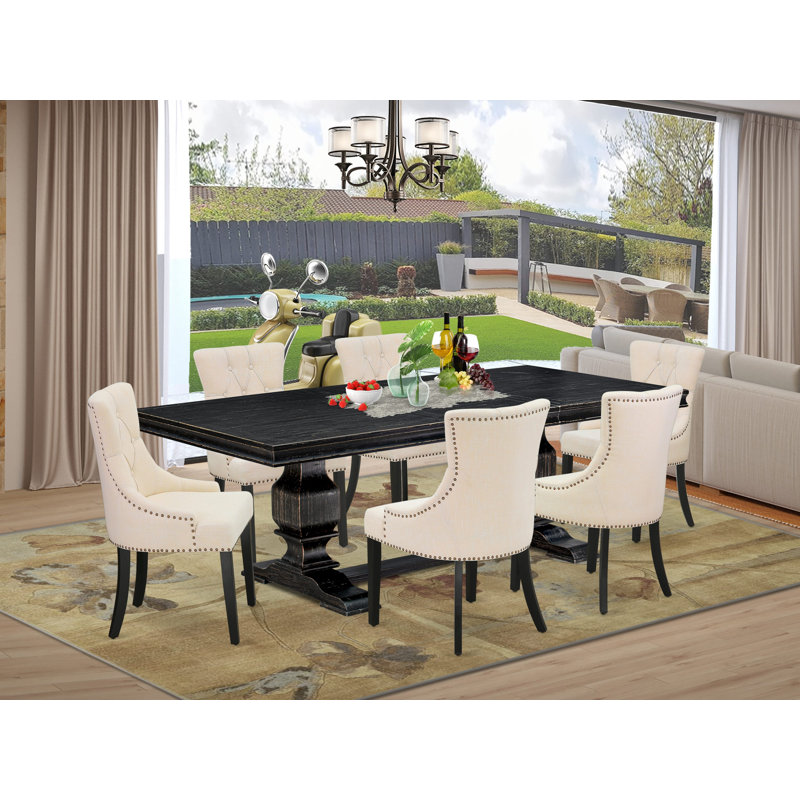 7-piece dining set includes a dining table and 6 Light Beige Linen Fabric kitchen chairs & black legs with Button Tufted Back - Sand Blasting Black finish.