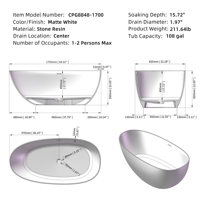 66.92'' x 32.28'' Soaking Solid Surface Bathtub