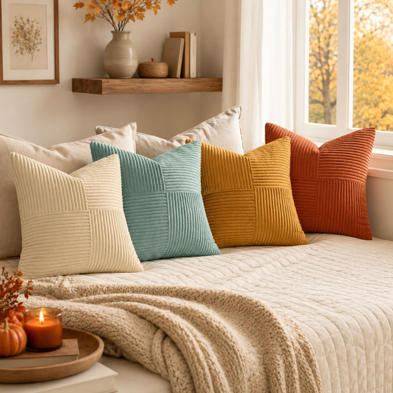 Ensemble de 4 housses de coussin décoratives en velours côtelé turquoise et orange, 45,7 x 45,7 cm