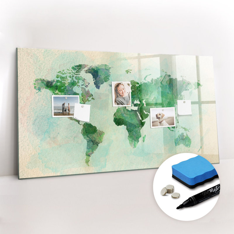 Magnetic Memo Board Whiteboard - 120 x 60 cm - With Marker and Magnets - Watercolor world map
