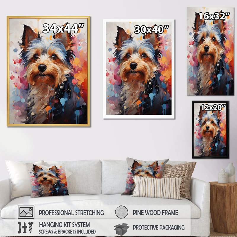 Doge Yorkie Reverie - reproduction sur toile, H 32 po x l 24 po x P 1 po, Cadre flottant doré