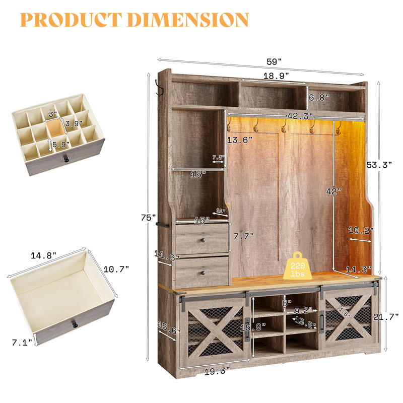 Chimira 59" Wide Farmhouse 7-in-1 Hall Tree With Bench, Led Light, Shoe Storage & Hooks, Brown, Brown