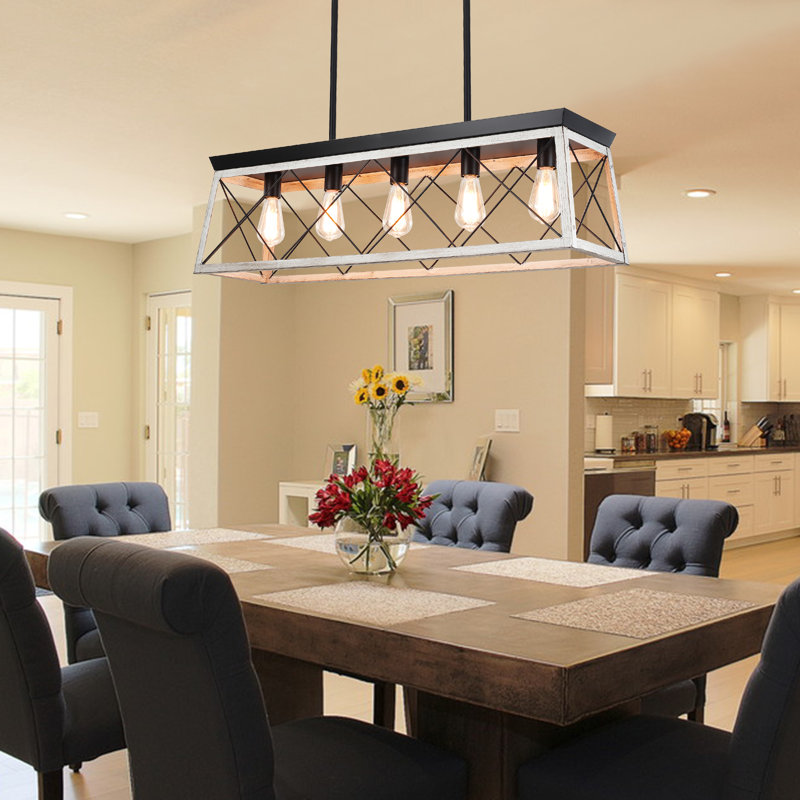 Ayling 5-Light 38" W Vintage Industrial Metal Island Linear Chandelier with Rectangle Light Shade for Kitchen Island Dining Room