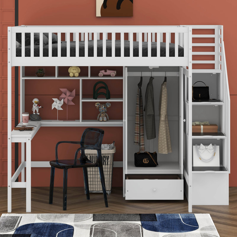 Lit mezzanine double avec tiroirs Jarlegav Kids, White