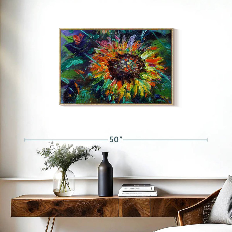 Tournesol coloré, 31 po x 21 po, Cadre flottant en bois naturel