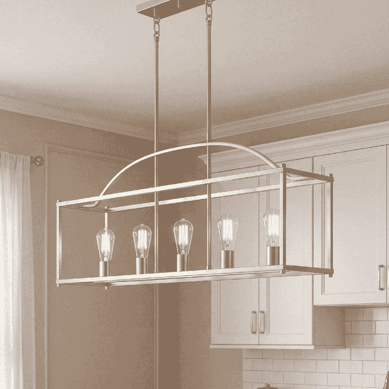 Luminaire suspendu linéaire à 5 lumières pour îlot de cuisine en nickel satiné Hanne, Nickel satiné