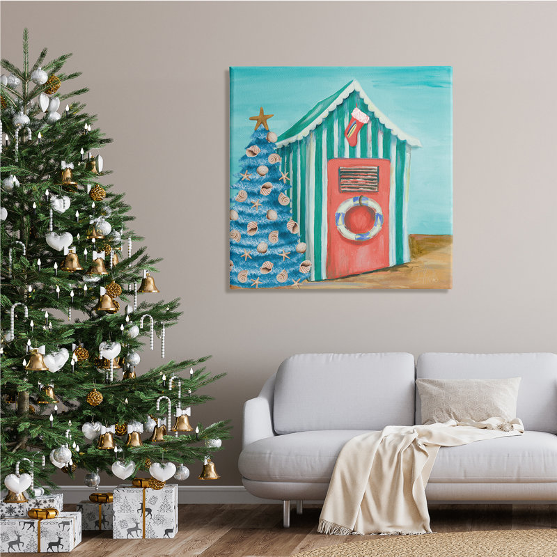 Tente de plage nautique à motif arbre de Noël bleu rayé par Patricia Pinto - Peinture, H 36 po x l 36 po, Toile tendue
