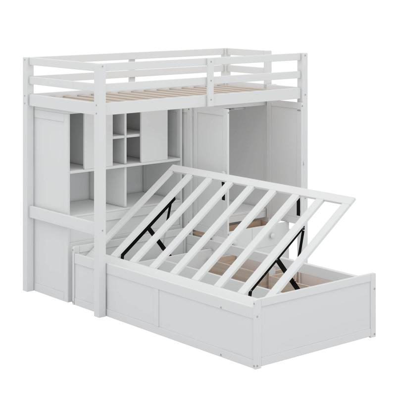 Twin Bunk Bed With Drawers, Wardrobe, Storage Shelves And Hydraulic, White