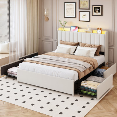 Queen Size Bed Frame with 4 Drawers and Storage Headboard, Upholstered Platform Bed Frame with Led Lights and Handy Charging Station, No Box Spring Needed, Easy Assembly, Noise Free