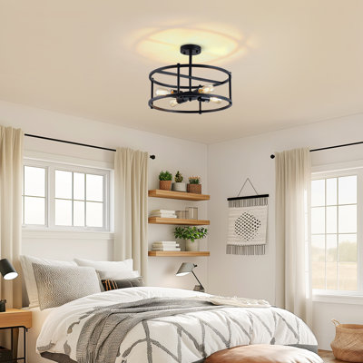 Plafonnier semi-encastré rond de style ferme à 4 lumières avec cage métallique, idéal pour salle à manger, chambre, salon, couloir, cuisine ou entrée.