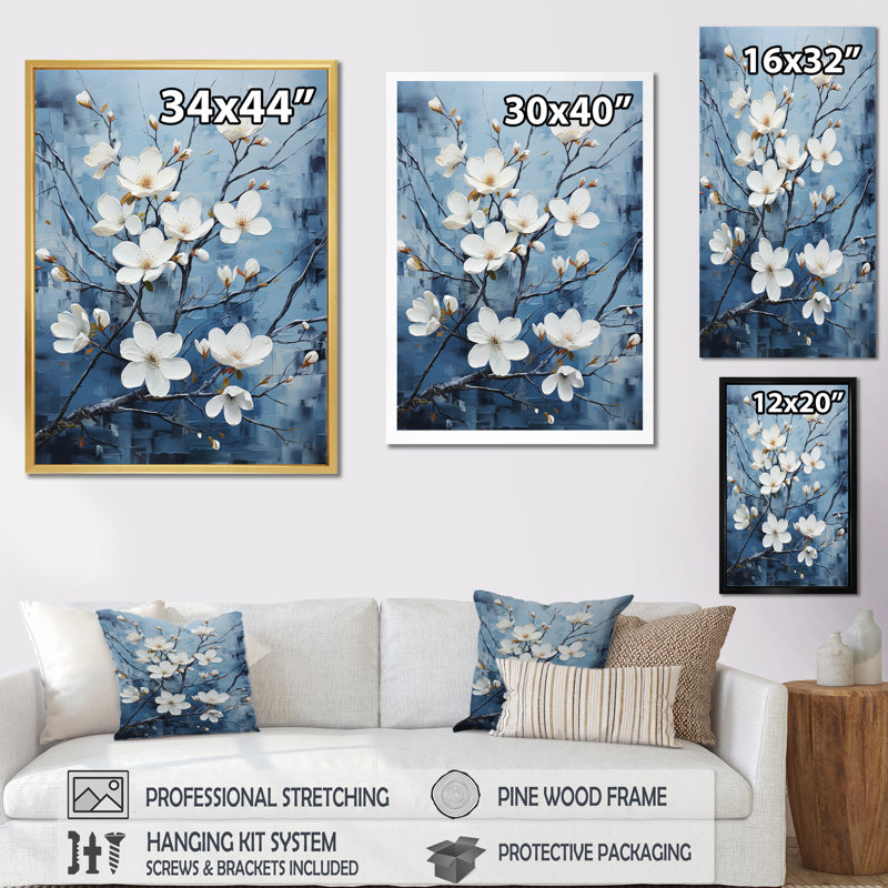 «Dogwood» gris et bleu Expression II sur toile, H 32 po x l 24 po x P 1 po, Toile tendue