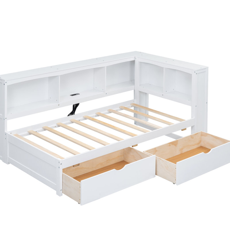 Lit de jour simple en blanc avec ports et tiroirs de rangement - Structure de sommeil douillette