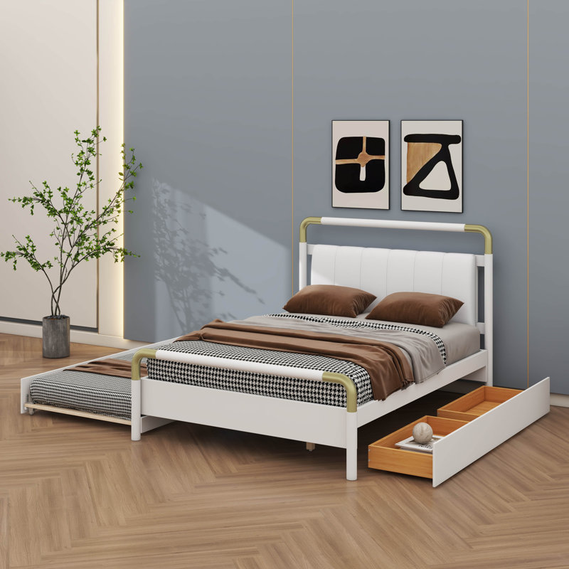 Grand lit plateforme en bois avec rangement, 2 grands tiroirs et un lit gigogne coulissant T-XL, Blanc