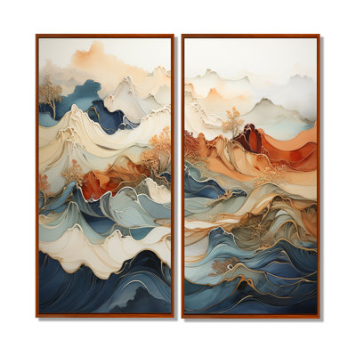 Abstrait orange et bleu, rivière bleue, encre III - art mural moderne sur toile bleue